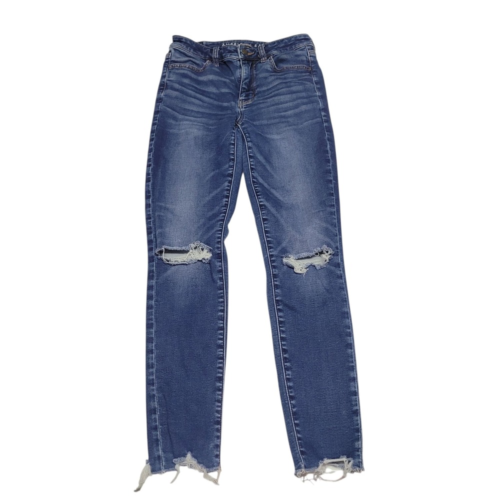 American Eagle Super Hi Rise Skinny Jeans Ripped Distressed Blue‎ Denim Size 4